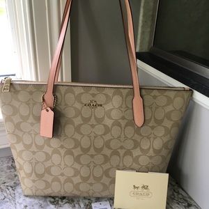 Coach Zip Top Tote 4455 Signature Canvas Light Khaki Faded Blush As New!
